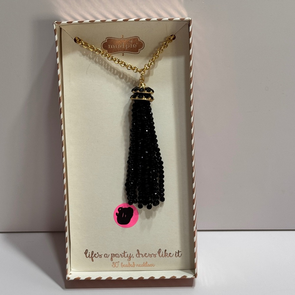 Mud Pie Sparkler Tassel Necklace Black Beaded Gold Tone 30 Inch Chain 8603235BK